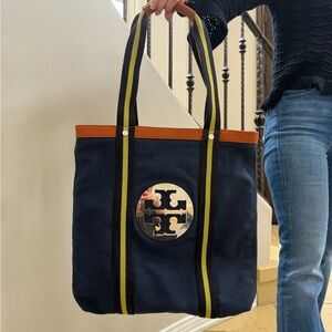 Tory Burch Navy Tote with Orange and Yellow Stripes